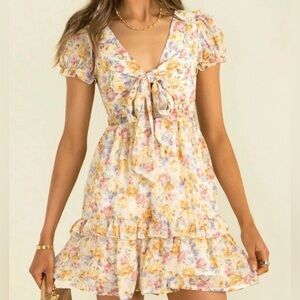 PETAL & PUP Yellow INDAH floral ruffle tie front mini dress size S